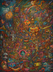 Neo-Expressionist Organized Chaos. A Colorful Distorted Figures with Fantastic Realism. Generative Ai