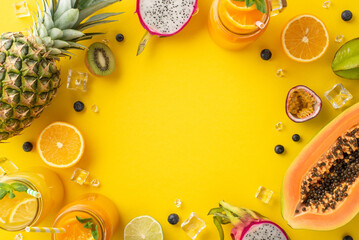Bursting with tropical flavors. Top flat lay view photo of fresh fruit juice or cocktail in glass...