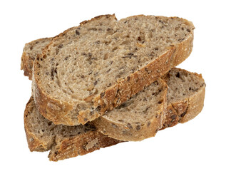 A loaf of rye or wheat bread with flax and sunflower seeds on a white background. Slice or piece of...