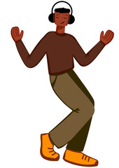 Fototapeta na wymiar Black man dancing and listening music with headphones flat illustration