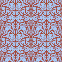 Brown blue abstract background with tropical palm leaves in Matisse style. Vector seamless pattern.