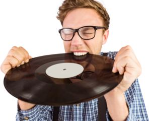 Geeky hipster biting vinyl record