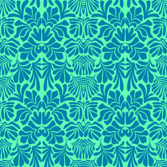 Turquoise blue abstract background with tropical palm leaves in Matisse style. Vector seamless pattern.