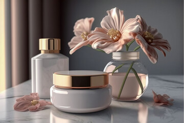 Obraz na płótnie Canvas Beauty cosmetics for face and body care. 3d photo realistic background, generative ai illustration