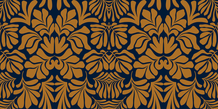 Gold abstract background with tropical palm leaves in Matisse style. Vector seamless pattern. © Oleksandra
