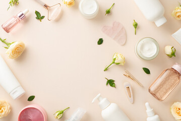 Conceptualize your skin care brand with this beautifully styled flat lay top view featuring pump bottles, serum bottles, and an empty space for branding on a pastel beige background