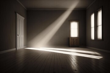 Obraz premium parede vazia e piso de madeira com brilho de luz do sol. Plano de fundo interior para a apresentação.