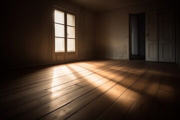 Obraz premium parede vazia e piso de madeira com brilho de luz do sol. Plano de fundo interior para a apresentação.
