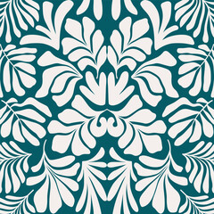 Blue green abstract background with tropical palm leaves in Matisse style. Vector seamless pattern.