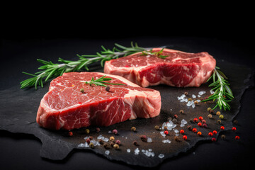 Fototapeta premium Raw steak on a blackboard. Generative AI