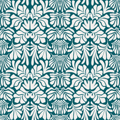 Blue green abstract background with tropical palm leaves in Matisse style. Vector seamless pattern.
