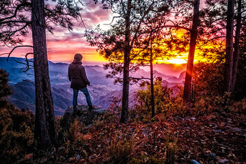 man watching red sunset in amazing landscape with mountains in the background and forest in foreground, sierra madre occidental in durango mexico  - obrazy, fototapety, plakaty
