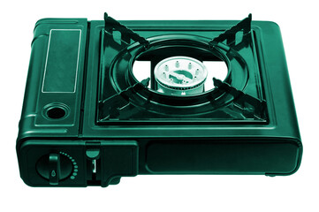 autonomous green gas stove on a white background. alternative food preparation concept. portable stove for hiking