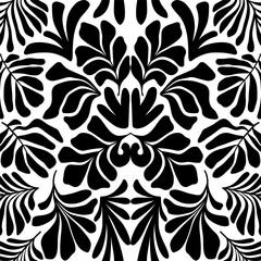 Black and white abstract background with tropical palm leaves in Matisse style. Vector seamless pattern.