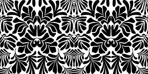 Black and white abstract background with tropical palm leaves in Matisse style. Vector seamless pattern.