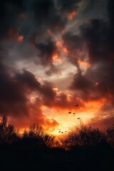 an orange sky with birds flying in it, in the style of dramatic lighting effects, atmospheric clouds