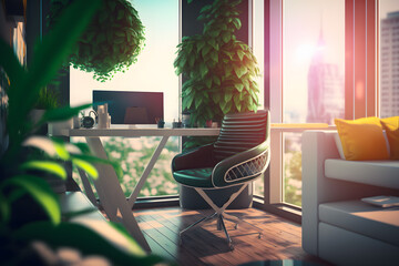 Eco office is a modern business office for work, comfortable conditions with many plants and a pleasant view. Generative AI