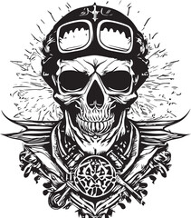 Artwork illustration and t-shirt design Pilot skull engraving ornament, white background
