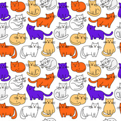 Cute chabby cats Seamless thin line icons background pattern.