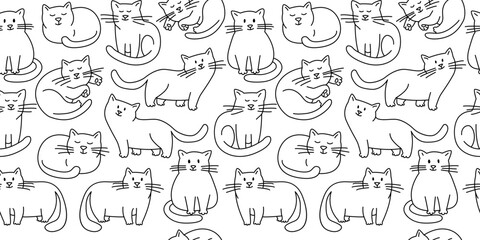Cute chabby cats Seamless thin line icons background pattern.