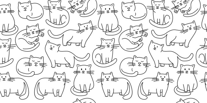 Cute chabby cats Seamless thin line icons background pattern.