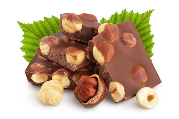 Chocolate with hazelnuts isolated on white background with full depth of field.