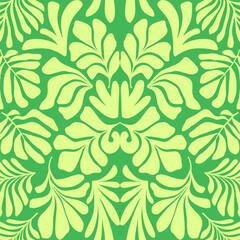 Yellow lime green abstract background with tropical palm leaves in Matisse style. Vector seamless pattern.