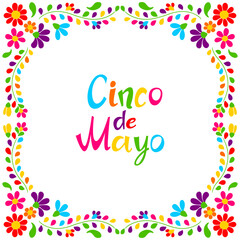 Cinco de Mayo floral embroidery. Mexican traditional ornament of flowers and leaves.