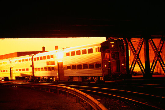 Train at Sunset, Chicago, Illinois, USA