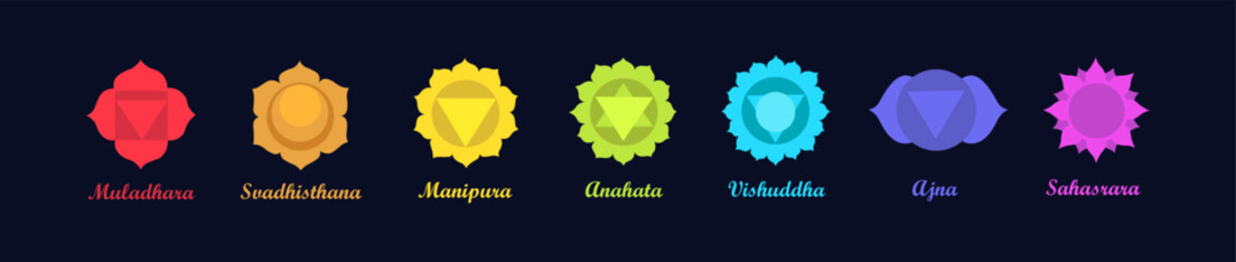 Set of different chakras on black background
