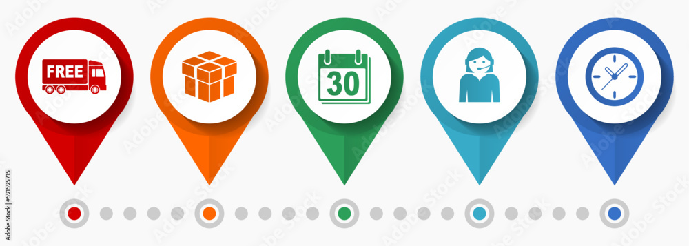 Poster Business icon set, flat design miscellaneous pointer icons such as free delivery, calendar, clock and call center for webdesign and mobile applications, infographic vector template in eps 10