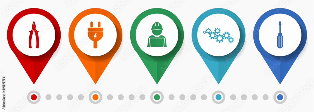Aufkleber Service icon set, flat design miscellaneous pointer icons such as pliers, plug, engineer, gears and screwdriver for web design and mobile applications, infographic vector template in eps 10