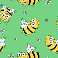 Vector pattern. Bee with honey, insect in doodle style. Colored cartoon drawing. Bee and flower. Seamless background, wallpaper decor.