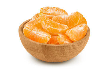 Tangerine or clementine slices in wooden bowl isolated on white background with full depth of field.