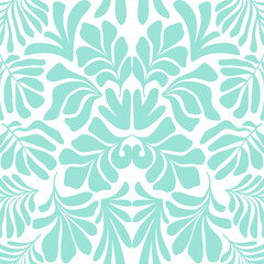 Turquoise white abstract background with tropical palm leaves in Matisse style. Vector seamless pattern.