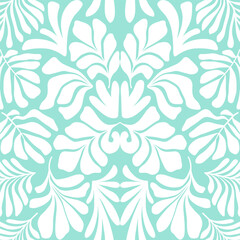 Fototapeta na wymiar Turquoise white abstract background with tropical palm leaves in Matisse style. Vector seamless pattern.