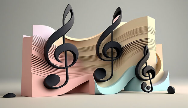 Music notes with 3d style sheet music. Colorful pastel background. Musical case. Music and sound concept. Concerts, sheet music and classical music. AI generative tachnology.