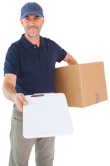 Happy delivery man holding cardboard box and clipboard