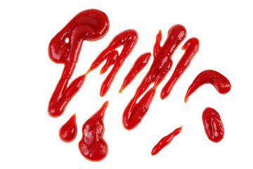 Red tomato sauce or ketchup isolated on white background . Top view. Flat lay