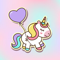 Obraz na płótnie Canvas Cute unicorn with with purple balloon. Cartoon vector illustration, sticker