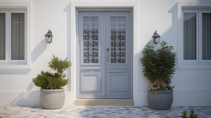 Contemporary image capturing modern Greek home entrance, gray front door with small square decorative windows. generative ai - obrazy, fototapety, plakaty