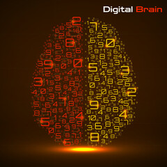 Digital brain with numbers. Artificial intelligence concept. Technology brain. Vector illustration