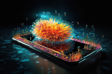 Cell phone with abstract colored chaotic particles generative ai - 591598929