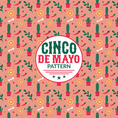 Seamless Cinco de Mayo Pattern, with hand-drawn doodles on pink background. Wrapping paper, wallpaper, packaging, textile prints vector