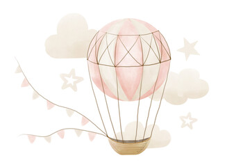 Hot Air Balloon with clouds and stars. Watercolor hand drawn illustration with vintage aerostat for Baby Shower on isolated background in pastel pink and beige colors. Drawing for newborn kid cards.