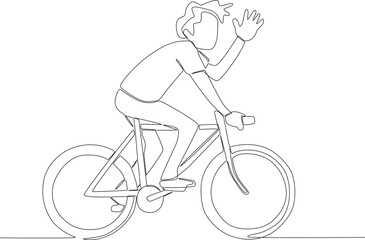 Fototapeta na wymiar A man is cycling while waving. World bicycle day one-line drawing