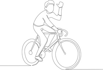 A man is cycling while showing a thumbs up. World bicycle day one-line drawing