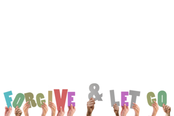 People hands holding colorful words 