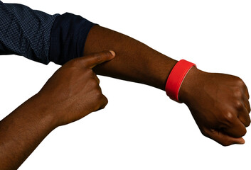 Mid-section of man gesturing on his forearm