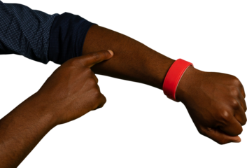 Mid-section of man gesturing on his forearm